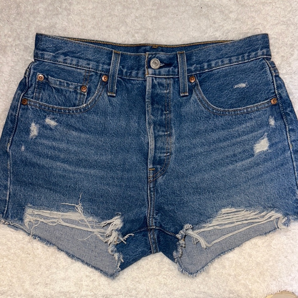 Levi's 501 Medium Indigo High Waisted Distressed Denim Shorts